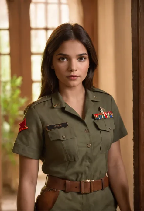 teen Dora the explorer wearing tight army uniform, standing in the doorway, seductive, dramatic lighting, 8k, hdr