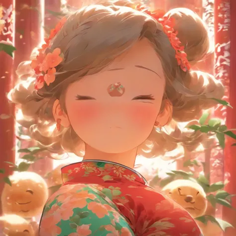 A little girl，Hold your arms，Frowning，Staring at you angrily，Pouting angrily，Floral half-sleeved cheongsam，Cute fat girl，A ball head