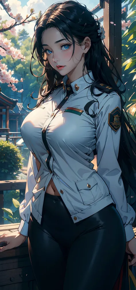 1female，35yo，A MILF，plumw，extremely large bosom， 独奏，（Background with：Cherry blossom forest，ln the forest）Deep in the forest， She has very short black hair，bobo head，Station，，seen from the front， hair straight， mostly cloudy sky，（（（tmasterpiece），（Very detai...