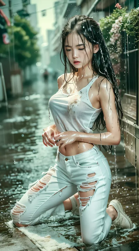 best image quality, masterpiece, super high resolution, (fidelity:1.4), photo, 1 girl, white shirt, torn jeans, white sneakers, dim, darkness, despair, pity, poor, movie, tears, teardrops, (torn clothes:1.5), (wet clothes:1.4), bare shoulders, real rain, w...