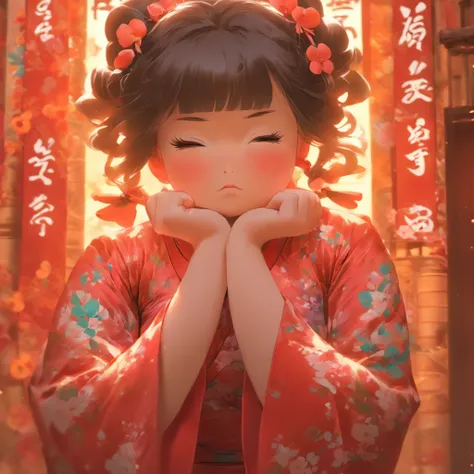 A little girl，Hold your arms，Frowning，Staring at you angrily，Pouting angrily，Floral half-sleeved cheongsam，Cute fat girl，A ball head