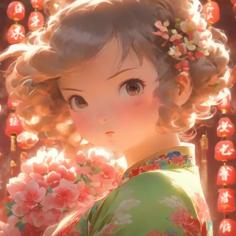 A little girl，Hold your arms，Frowning，Staring at you angrily，Pouting angrily，Floral half-sleeved cheongsam，Cute fat girl，A ball head