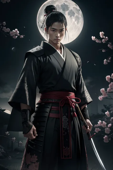 A seductive samurai assassin standing in a moonlit garden, Expertly wielding a katana with deadly precision. The killers eyes sparkle with determination and focus, while your lips are placed in a certain line. The samurais face is intrinsically detailed, c...