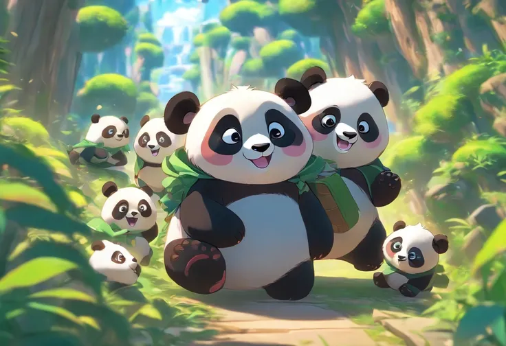 １With cute full-body pandas２Friend Pandas Set Off on a Journey，Has big eyes，Blushlush，lazy，greet, 。.3D, 4K