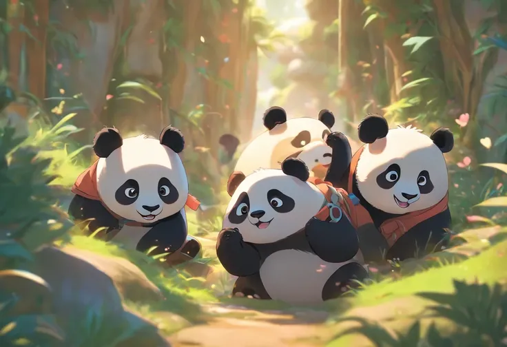 １With cute full-body pandas２Friend Pandas Set Off on a Journey，Has big eyes，Blushlush，lazy，greet, 。.3D, 4K