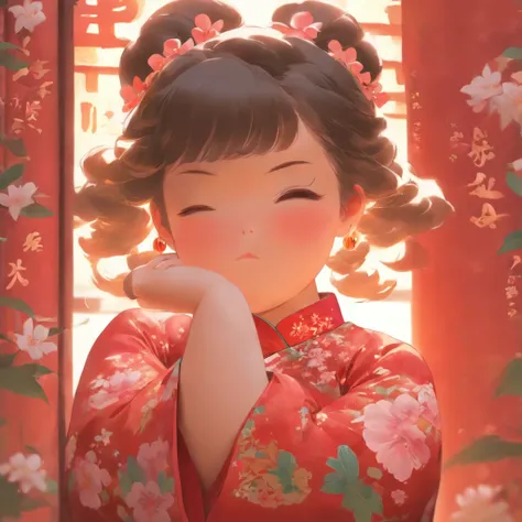 A little girl，Hold your arms，Frowning，Staring at you angrily，Pouting angrily，Floral half-sleeved cheongsam，Cute fat girl，A ball head