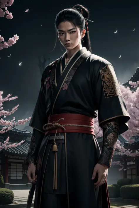 A seductive samurai assassin standing in a moonlit garden, Expertly wielding a katana with deadly precision. The killers eyes sparkle with determination and focus, while your lips are placed in a certain line. The samurais face is intrinsically detailed, c...