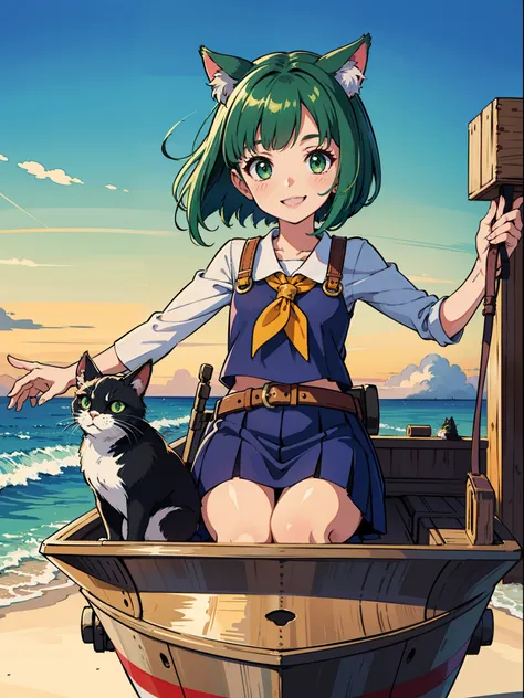 Captain cat girl, green short bob hair, green eyes, smile, fantasy steering colorful little ship