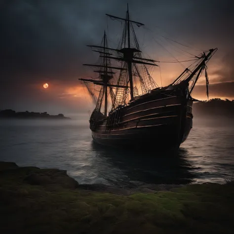 Ghost pirate ship,Old and dilapidated wooden boats,The sails are tattered,There is fog all around,Moonlit night on the high seas,Ghostly figures roam the ship,An unforgettable aura,Swirling mist,The squeak of the ship,Skulls and bones scattered on the deck...