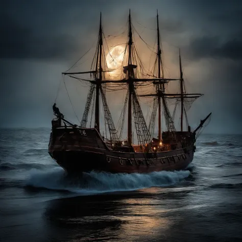 Ghost pirate ship,Old and dilapidated wooden boats,The sails are tattered,There is fog all around,Moonlit night on the high seas,Ghostly figures roam the ship,An unforgettable aura,Swirling mist,The squeak of the ship,Skulls and bones scattered on the deck...