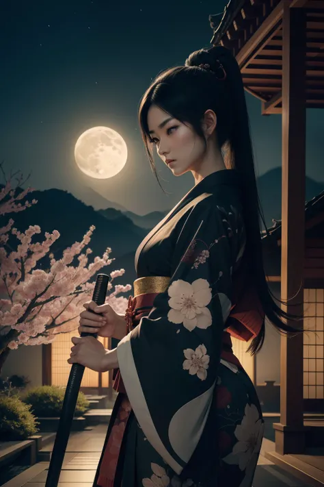 A woman samurai assassin standing in a moonlit garden, Expertly wielding a katana with deadly precision. The killers eyes sparkle with determination and focus, while your lips are placed in a certain line. The samurais face is intrinsically detailed, captu...