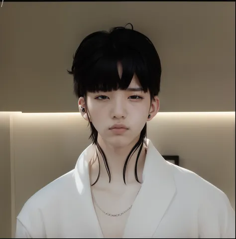 1man, white clothes, necklace, tatto in the neck, korean, realistic, 70mm lens, ultra detail, black hair, sleepy eyes,