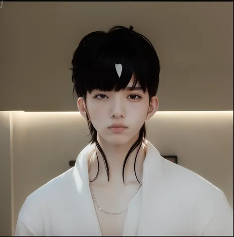 1man, white clothes, necklace, tatto in the neck, korean, realistic, 70mm lens, ultra detail, black hair, sleepy eyes,