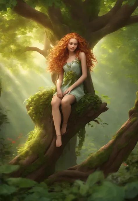 Arbomorph A hug of a Beautiful smiling 16 year old girl with blond reddish hair with braidsturns into a leafy tree, with roots as legs, branches like arms, some leaves fly on a white background,l