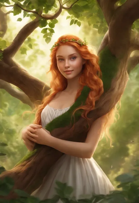 Arbomorph A hug of a Beautiful smiling 16 year old girl with blond reddish hair with braidsturns into a leafy tree, with roots as legs, branches like arms, some leaves fly on a white background,l