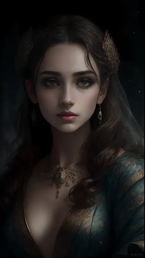 (Best quality, 4K, 8K, A high resolution, Masterpiece:1.2), Ultra-detailed, Realistic portrait, Beautifully detailed eyes, beautiful detailed lips, Detailed expression, Graceful posture, subtly lit, Dreamy atmosphere, Dark-toned background, expressive brus...