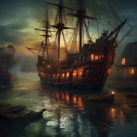 Ghost pirate ship,Old and dilapidated wooden boats,The sails are tattered,There is fog all around,Moonlit night on the high seas,Ghostly figures roam the ship,An unforgettable aura,Swirling mist,The squeak of the ship,Skulls and bones scattered on the deck...