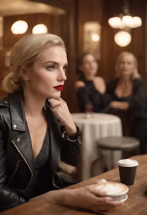 2010s fashion, medium close up, canon ef 85mm f/1.2l ii usm, 2 blond women are sitting with their coffee in a restaurant, wearing a black leather jacket and red lips, emphasis on facial expression, street fashion.