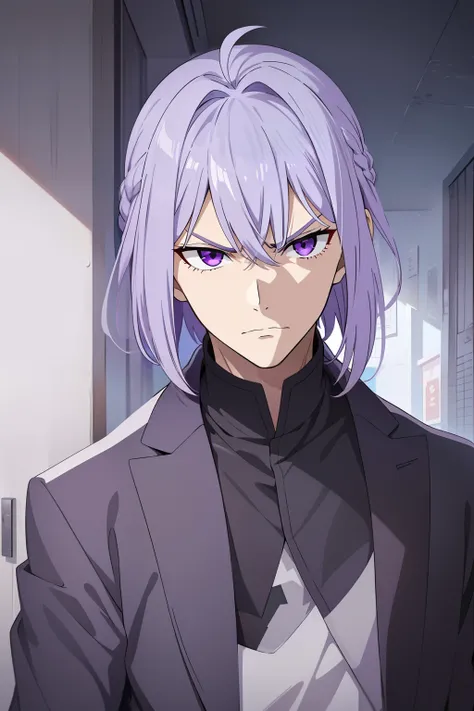 A-Dry is tall, Has sharp purple eyes、Young man with lilac-gray hair. His left eye is obscured by his hair bangs、The hair on the other side is braided from a bob. Angry face.