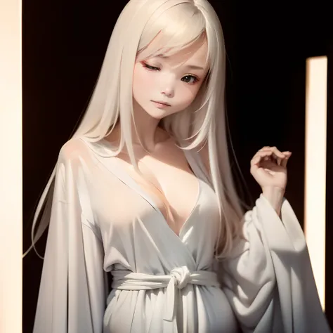 (((dark:1.5、Faintly present woman in the darkness)))、top-quality、masutepiece、portlate、parfect anatomy、albino、(((独奏)))、Beautuful Women、Extraordinary beauty、30-years old、Silky silver hair、length hair、((Close your eyes:1.3))、((Wizard-style white robe))、Freezi...