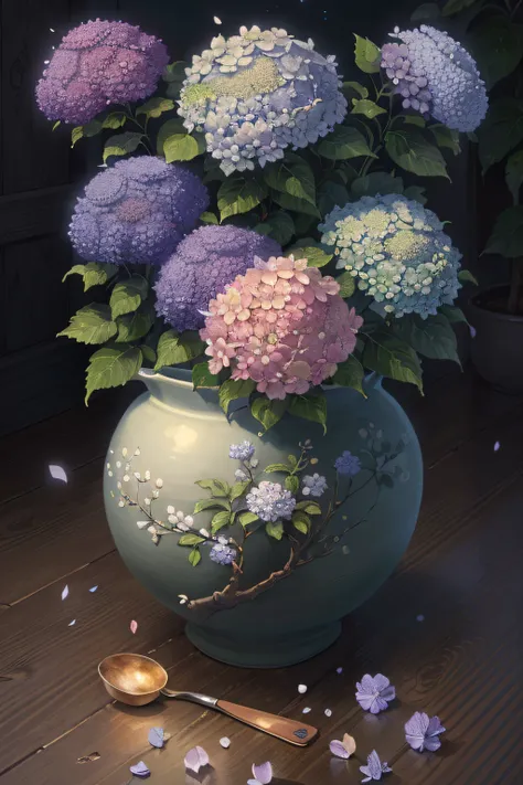 Original，（illustratio：1.1），（best qualtiy），（tmasterpiece：1.1），（the Extremely Detailed CG Unity 8K Wallpapers），（a color：1.2），Hydrangea bushes，Hydrangea petals，scenecy，rios|Wagas，