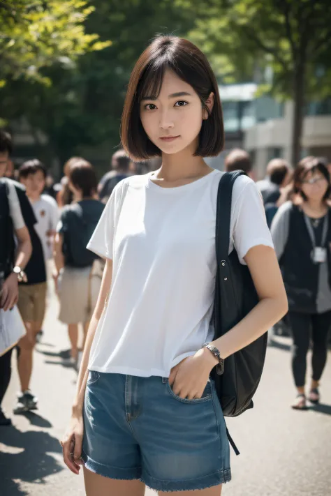 (8K、Raw photography、top-quality、​masterpiece:1.2)、25-years old、japanes、1 girl in、Casual Fashion、Shorts andＴwearing a shirts、A detailed face、A detailed eye、Detailed mouth、nogizaka、Take a commemorative photo standing in front of a large panel、Carrying a back...