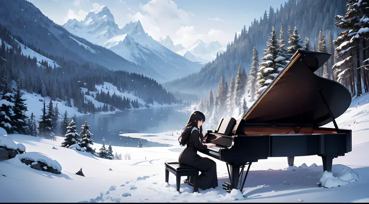 a young woman playing the piano at the edge of a snowy mountain, emotional, cinematic, epic composition, snowy, windy, perfect illustration, intricate details, soft tones, clean lines, sharp focus, 8k