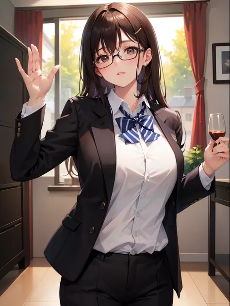 1人の女性、brown haired、Brown eyes、Black-rimmed glasses、 Best Quality、ultra-detailliert、8K resolution、Raw photo、masutepiece、gorgeous faces、Perfect body、schools、Blazer Uniform