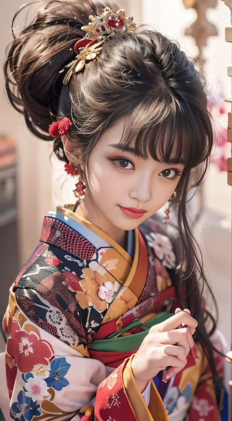 (hight resolution, 4K, masutepiece:1.2),Ultra-detailed,(Realistic,Photorealsitic:1.37),Traditional Japan kimono,Lady,up close shot,Exquisite makeup,Brightly dressed,fascinated expression,detailed embroidery,Exquisite facial function,Beautiful eyes and lips...