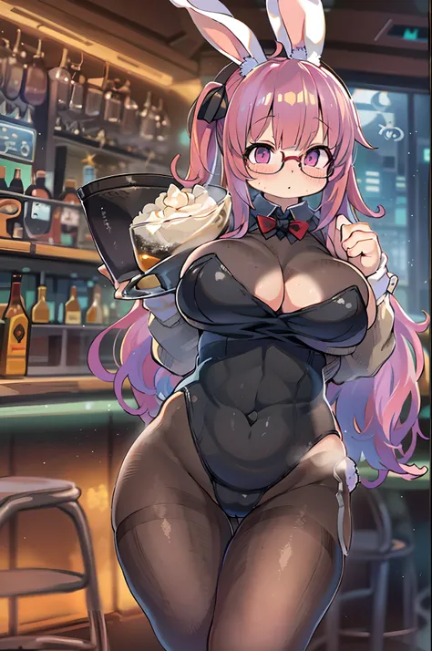 (Best Quality, masutepiece), depth of fields, Blurry background, cowboys_shot, thick thighs, Standing, Solo, 1girl in, long orange hair, (Ahoge:0.9), Glasses, Blunt bangs, Purple eyes, (full-face blush), ((Playboy Bunny, pantyhose, Bunny ears, highleg, hig...