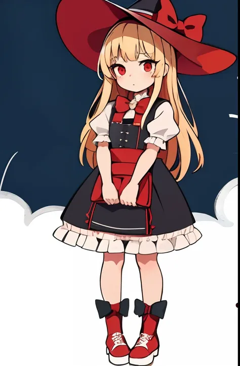 1girl in,Witch,Solo, Full body,Long hair, Blonde hair, Witch Hat,Red Eyes,Puffy sleeves,white_Bow,Dress,Red_Footwear,Bow, Short sleeves,long boots,