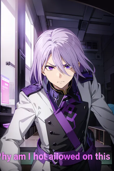 has sharp purple eyes、young man with lilac-gray hair. his left eye is obscured by his hair bangs、the hair on the other side is b...