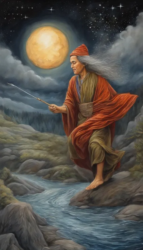 Masterpiece, Best quality, Ultra-detailed, illustration, 1 Buddhist monk, Solo, fantasy, Flying, broom, Night sky, Outdoors, magic, Spells, Moon, stars, Clouds, Wind, Cape, broom, Glowing, mysterious, Enchanting, Whimsical, Playful, Adventurous, Freedom, W...