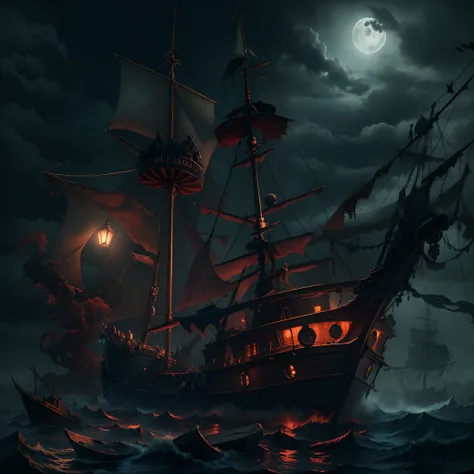 Ghost pirate ship,Old and dilapidated wooden boats,The sails are tattered,There is fog all around,Moonlit night on the high seas,Ghostly figures roam the ship,An unforgettable aura,Swirling mist,The squeak of the ship,Skulls and bones scattered on the deck...