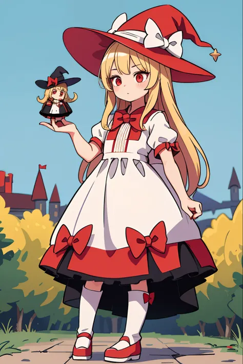 1girl in,Witch,Solo, Full body,Long hair, Blonde hair, Witch Hat,Red Eyes,Puffy sleeves,white_Bow,Dress,Red_Footwear,Bow, Short sleeves,long boots,