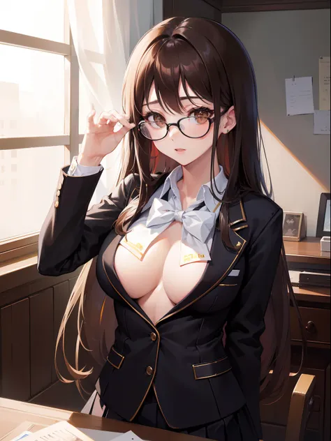 1人の女性、brown haired(Curta)、Brown eyes、Black-rimmed glasses、 Best Quality、ultra-detailliert、8K resolution、Raw photo、masutepiece、seductive boobs、gorgeous faces、Perfect body、schools、Blazer Uniform