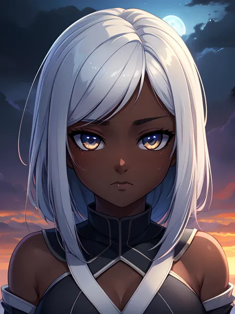 1 girl, (dark skin:1.2), shy, cute, cold expression, (8k, RAW photo, best quality, masterpiece:1.2) ultra-detailed, Super detailed, vivid colors, anime, unreal engine 5, studio lighting, portrait, white eyes, blank eyes, Night clouds background, Aesthetic,...