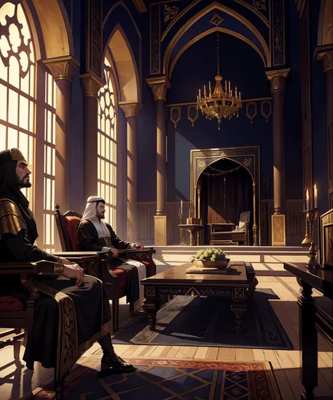 Islamic Castlevania Lord of the shadows in sultan throne room discussion with Islamic men hyper realistic super detailed Dynamic shot master piece scene cinématique scènes movie Epic Legendary