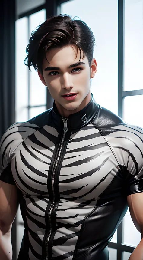 (((Men only))), ((head shot)), (Pietro Boselli), (((wearing white tiger-stripe patterned clothing))), ((Handsome muscle man in his 20s)), (Big smile), (detaile: 1 in 1), Natural muscles, HIG quality, beautidful eyes, (Detailed face and eyes), (Face、: 1 / 2...