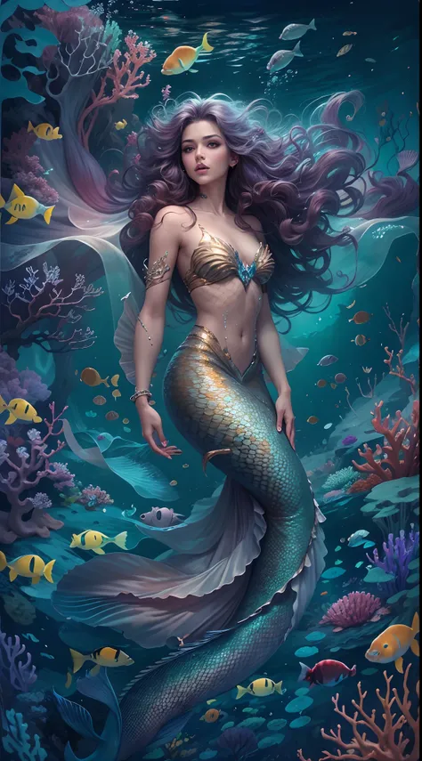 (Best quality,4K,8K,A high resolution,Masterpiece:1.2),Ultra-detailed,Beautiful detailed eyes,beautiful detailed lips,Extremely detailed eyes and face,long eyelasher,Seductive gaze,((Fish tail)),Shimmering scales,Ethereal beauty,A mysterious underwater wor...