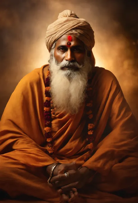 "A person resembling an Indian babaji, priest, rishi, monk, yogi, spritual guru, he looks like mixers of australoid and negro race, indian, he has captured in a medium shot, sparks, glossy, dust particles, 3D look, sunshine, feathers, HD, flowers, studio, ...