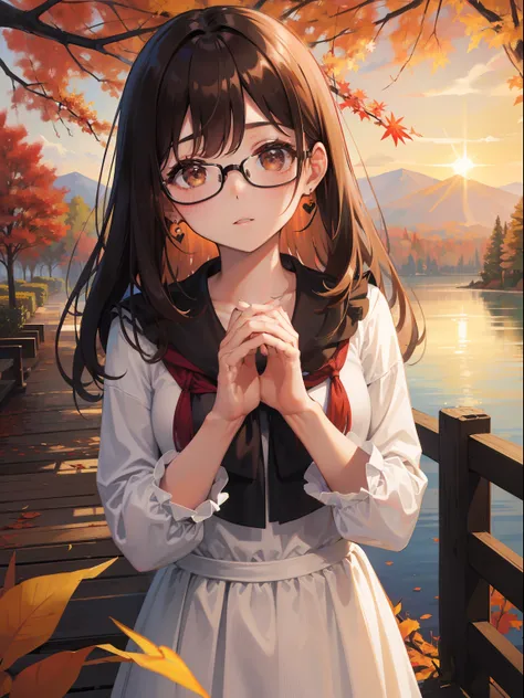 1人の女性、brown haired(Curta)、Brown eyes、Black-rimmed glasses、 Best Quality、ultra-detailliert、8K resolution、Raw photo、masutepiece、gorgeous faces、Perfect body、Autumn landscape、Making a heart with both hands