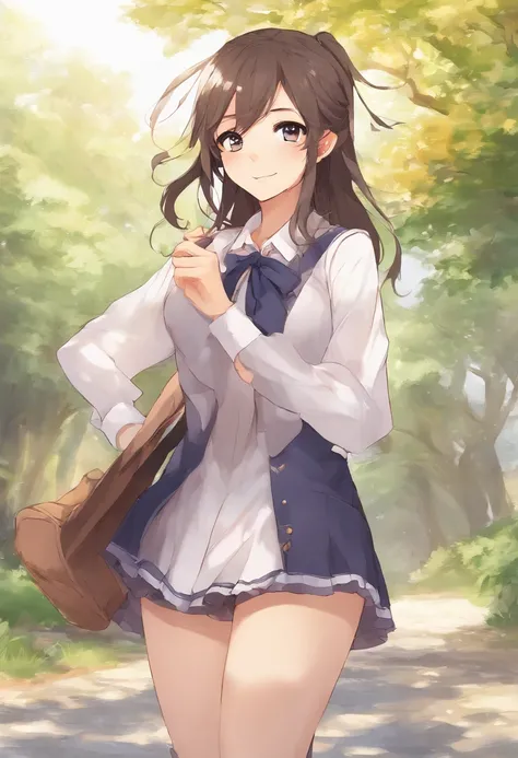 Korean girl, school uniform, tight skirt, tight shirt, glasses, manhwa girl, large breasts,open shirt, showing breasts, full body, shy, blushing, ponytail