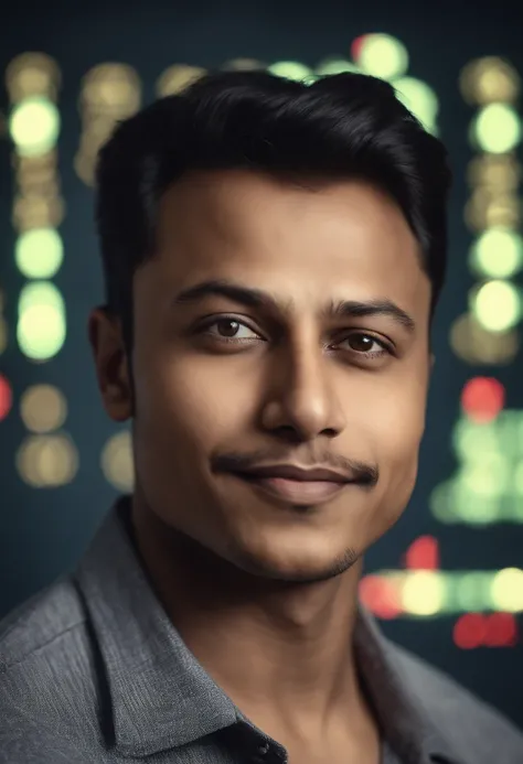 hyper realistic image of 20 years old Indian male looking like Elon Musk, portrait style, clear face, happy eyes, stock market charts on the background