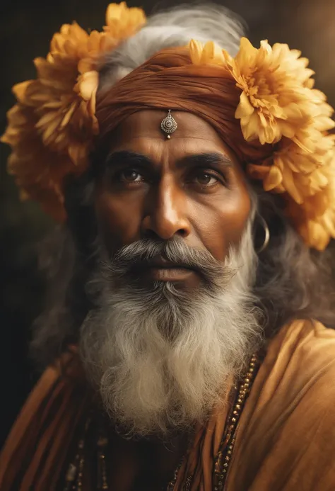 "A person resembling an Indian babaji, mature personality, confident look, priest, rishi, monk, yogi, spritual guru, he looks like mixers of australoid and negro race, indian, he has captured in a medium shot, sparks, glossy, dust particles, 3D look, sunsh...