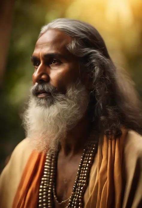 "A person resembling an Indian babaji, mature personality, confident look, priest, rishi, monk, yogi, spritual guru, he looks like mixers of australoid and negro race, indian, he has captured in a medium shot, sparks, glossy, dust particles, 3D look, sunsh...