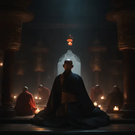 Men in robes and monks pray in a lotus pose, author：Fang Congyi, Fantasy art, (Dark atmosphere:1.5), Cinematic, Intricate, degrees of freedom