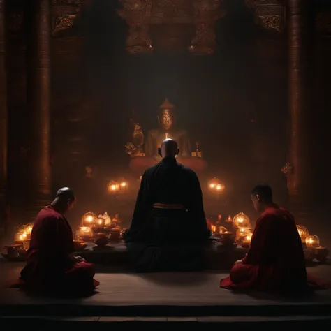 Men in robes and monks pray in a lotus pose, author：Fang Congyi, Fantasy art, (Dark atmosphere:1.5), Cinematic, Intricate, degrees of freedom