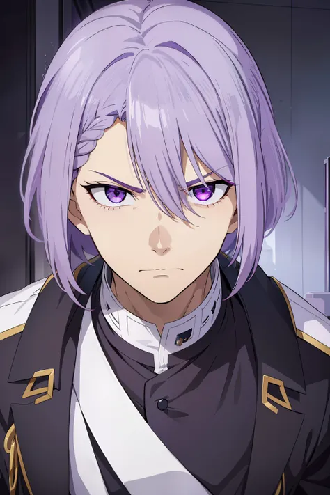 has sharp purple eyes、young man with lilac-gray hair. his left eye is obscured by his hair bangs、the hair on the other side is b...