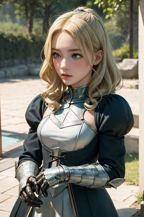 1girl, masterpiece, best quality, 8k, detailed skin texture, detailed cloth texture, beautiful detailed face, intricate details, ultra detailed, a european girl, green eyes, blonde curly hai, 3D character, Medieval Knight